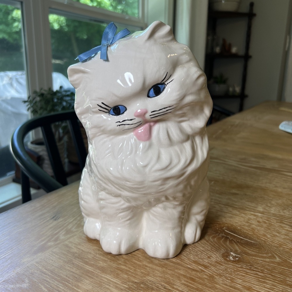 Vintage White Ceramic Persian Cat Figurine Blue Eyes Pink Tongue 10 Inch Statue